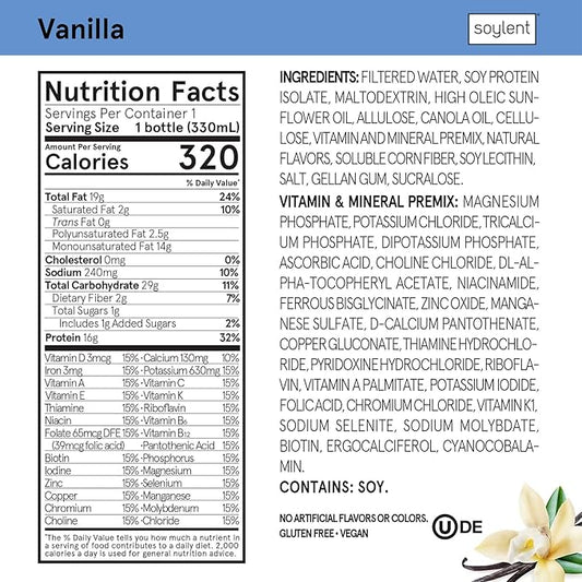 Soylent Vanilla Meal Replacement Shake, Contains 16g Complete Vegan Protein, Ready-to-Drink, 11oz, 36 Pack