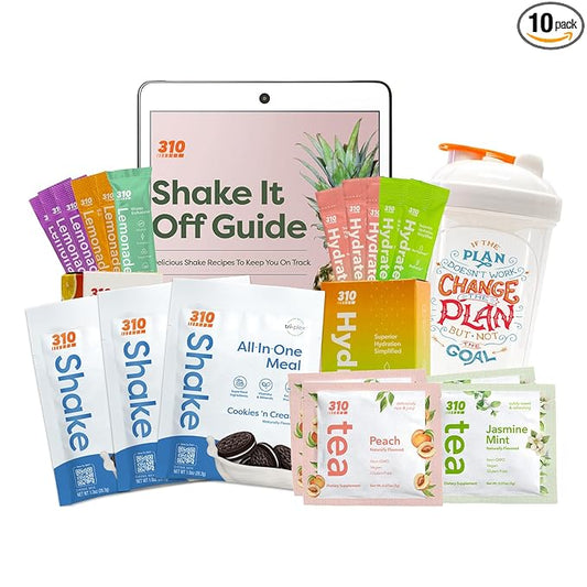 310 Nutrition Starter Kit – 10-Piece Bundle with All-In-One Meal Replacement Shakes, Hydrate Electrolyte Drink Mixes, Lemonade Water Enhancers, Herbal Detox Teas, Shaker Cup & Digital Guide – Variety Pack