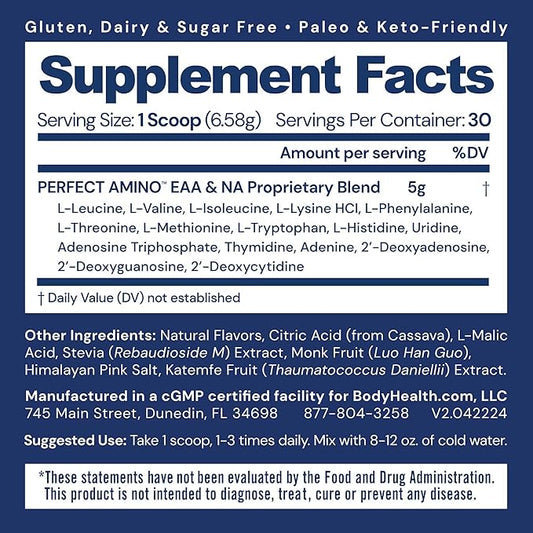 BodyHealth PerfectAmino Powder - BCAA and EAA Powder for Pre and Post Workout - Amino Acid Energy Drink for Men and Women to Support Lean Muscle and Recovery - Mixed Berry - 30 Servings