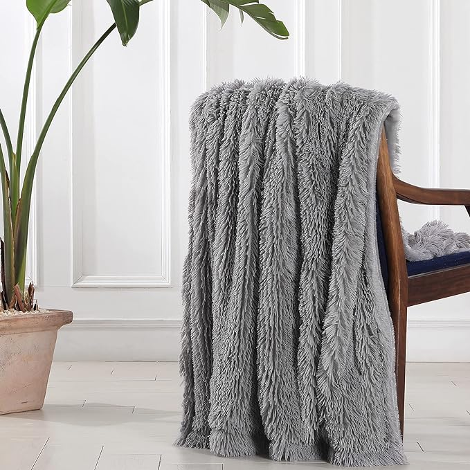 Tuddrom Decorative Extra Soft Faux Fur Blanket Queen Size 80" x 90",Solid Reversible Fuzzy Fluffy Cozy Plush Fleece Comfy Microfiber Blanket for Couch Sofa Bed,Grey