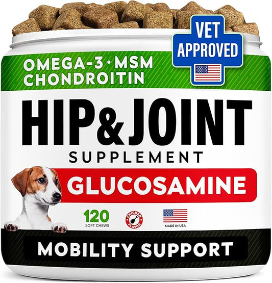 Hip & Joint Glucosamine Supplement Treats for Dogs - Chondroitin, Omega-3, MSM - Advanced Joint Health Support Chews for Large Breed - Pain Relief - Bacon Flavor - 120 Ct - Made in USA