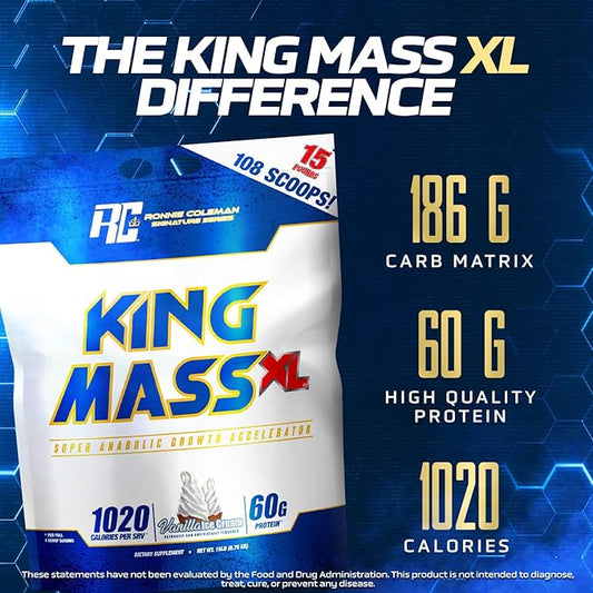 Ronnie Coleman Signature Series King Mass XL Mass Gainer Protein Powder, Muscle Gainer, 60g Protein, 180g Carbohydrates, 1,000+ Calories, Creatine and Glutamine, Vanilla Ice Cream, 15 Pound