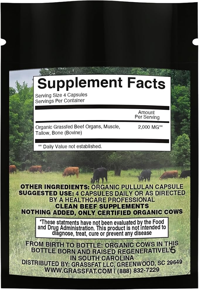 Grassfat USDA Certified Organic 100% Grassfed Cows Beef Organs Supplement + Cow Bone & Muscle and Tallow - Whole Cow, No BS with Nothing Added - Made in The USA - Premium Blend - Trial Size