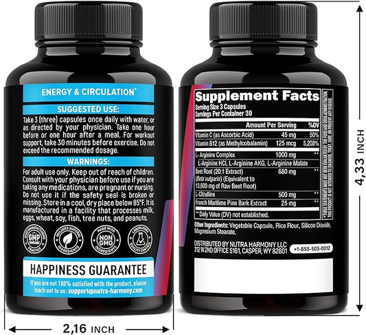 Nitric Oxide Supplement for Men & Women 2250 mg - Nitric Oxide Booster - Pine Bark | L-Arginine | L-Citrulline | Beet Root | Vitamin C & B12 - Muscles, Energy & Circulation - Made in USA, 90 Capsules