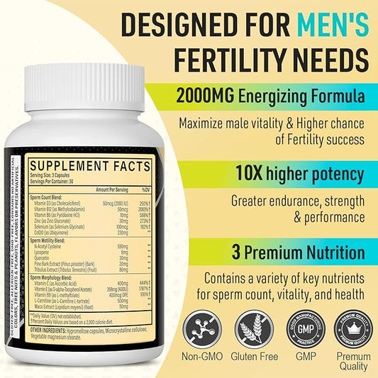 Fertility Supplements for Men, Male Prenatal Vitamins -Optimal Sperm Count, Motility and Strength, 2000MG Mens Fertility Supplements with Maca Root, Zin & Folate for Conception - Packs of 4