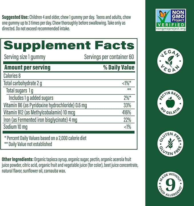 MegaFood Iron Energy Gummies, Iron Supplement for Women, Men, Teens & Kids with Vitamin B12 & B6, Vitamins, from The Makers of Blood Builder Supplement, Strawberry Flavor, 60 Count