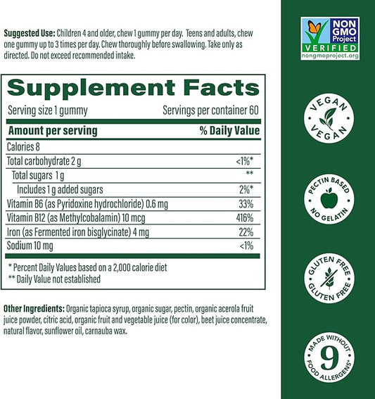 MegaFood Iron Energy Gummies, Iron Supplement for Women, Men, Teens & Kids with Vitamin B12 & B6, Vitamins, from The Makers of Blood Builder Supplement, Strawberry Flavor, 60 Count