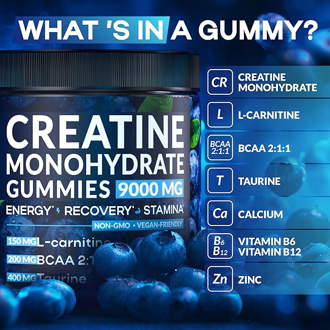Creatine Monohydrate Gummies Complex 9000 mg – Creatine for Women & Men – Pre Workout Creatine Chews for Muscle Growth, Strength & Energy– 120 Count