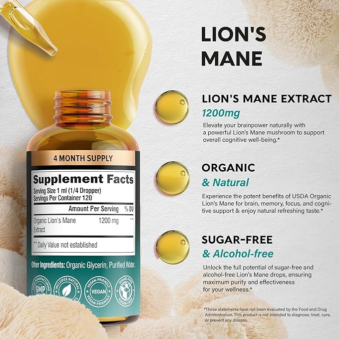 Lions Mane Liquid - USDA Certified Organic Lions Mane Supplement - Brain Support, Energy, Memory & Focus - Sugar & Alcohol-Free Lion's Mane Mushroom Extract 72,000 mg / Bottle - 4fl oz, 4 Month Supply