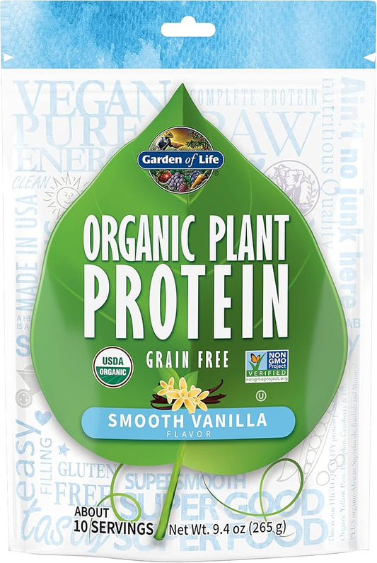 Garden of Life Organic Plant Based Protein Powder - Smooth Vanilla, Vegan, Grain Free and Gluten Free Shake for Women and Men - 10 Servings, 15g of Complete Protein, Probiotics & Enzymes, 0g Sugar