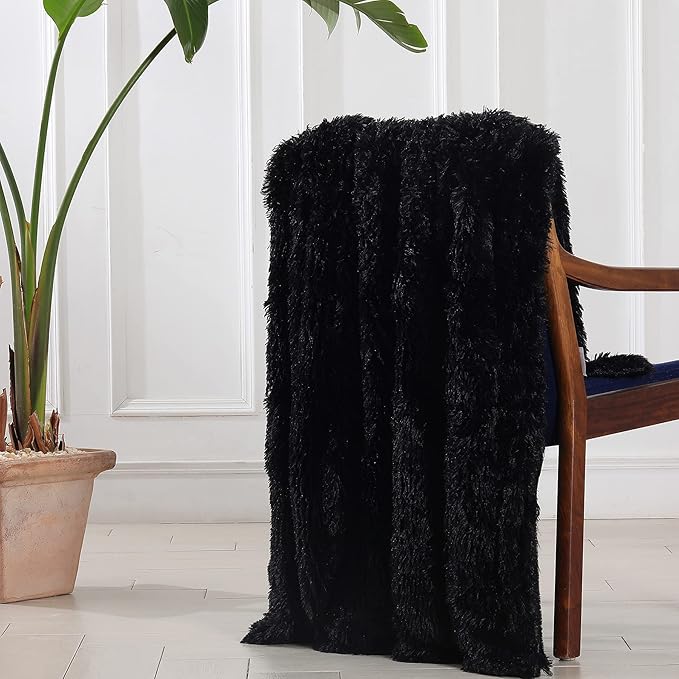 Tuddrom Decorative Extra Soft Faux Fur Blanket Twin Size 70" x78",Reversible Fuzzy Lightweight Long Hair Shaggy Fleece Blanket,Fluffy Cozy Plush Comfy Microfiber Throw Blanket for Couch Sofa Bed,Black