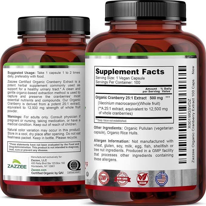 Zazzee USDA Organic Cranberry 25:1 Extract, 500 mg per Capsule, 100 Vegan Capsules, Over 3 Month Supply, Standardized, Concentrated 25X Extract, 100% Vegetarian, Certified Organic, Non-GMO All-Natural