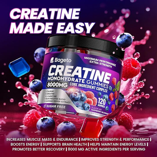 Creatine Monohydrate Gummies Complex 8000mg for Men and Women, Flavored and Chewable Creatine with Taurine, L-Carnitine, Electrolyte for Muscle Growth, Strength & Energy, Pre Workout Gummies 120pcs