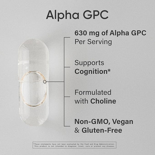Sports Research® Alpha GPC 630mg (Extra Strength) - Bioavailable Source of Choline - Focus & Cognitive Support for Women & Men - Vegan Certified · Non-GMO · Gluten Free - 60 Liquid Capsules