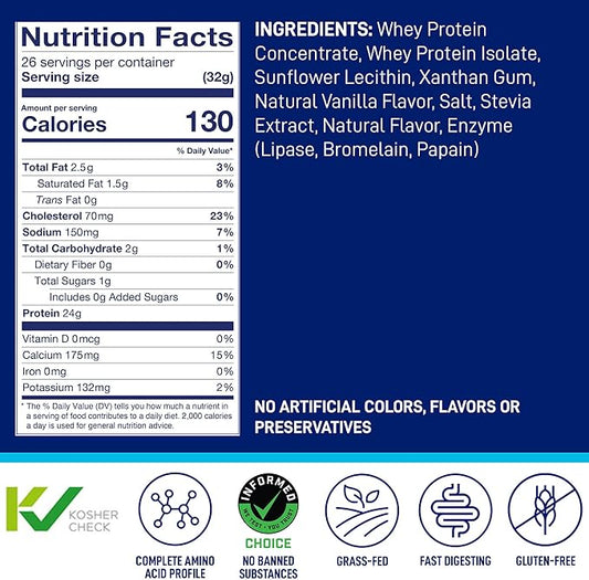 LeanFit WHEY Protein Natural Vanilla – 100% Whey Protein Powder, 24g Protein Per Serving – Grass-Fed, Gluten-Free, Low Carb, BCAAs, Amino Acid – 23 Servings, 1.83 Pound Tub
