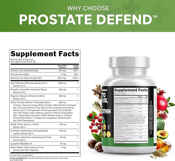 Clean Nutraceuticals Saw Palmetto Pumpkin Seed Oil Pygeum Sunflower Lecithin Stinging Nettle Cranberry - Prostate Supplements for Men with Lycopene - 90 Caps