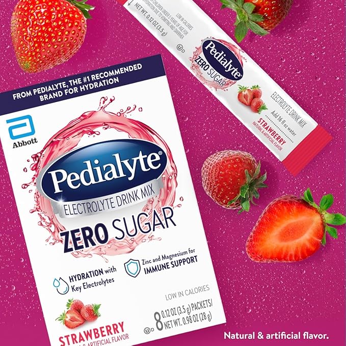Pedialyte Electrolyte Drink Mix With Zero Sugar | Hydration With Key Electrolytes | Great Hydration Low in Calories | Strawberry, 8 Powder Packets