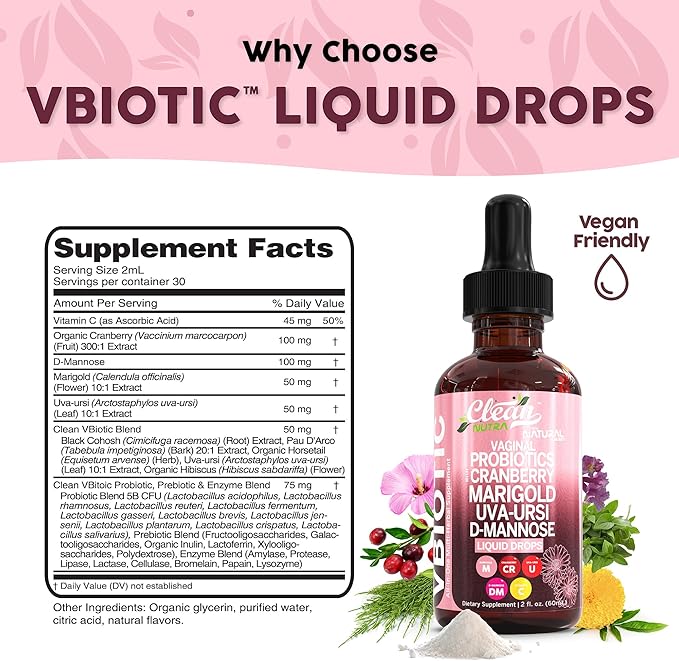 VBiotic Vaginal Probiotic for Women Liquid Drops | Womens Probiotics | Cranberry Uva Ursi Horsetail D-Mannose Prebiotics Marigold & Black Cohosh Vaginal Health Supplement | pH Balance | By Clean Nutra