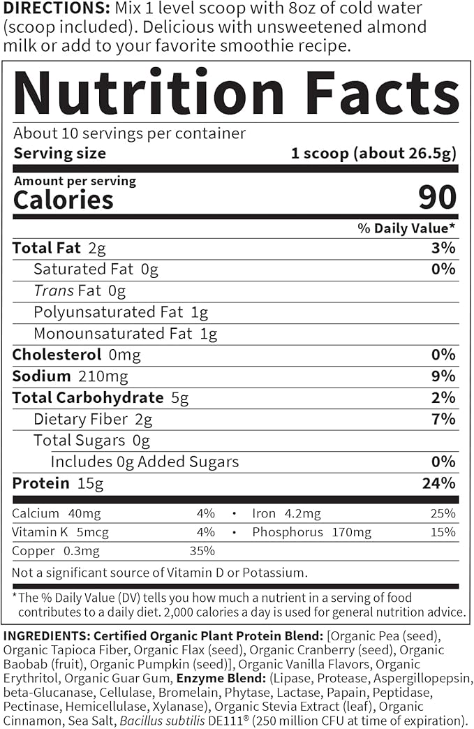 Garden of Life Organic Plant Based Protein Powder - Smooth Vanilla, Vegan, Grain Free and Gluten Free Shake for Women and Men - 10 Servings, 15g of Complete Protein, Probiotics & Enzymes, 0g Sugar