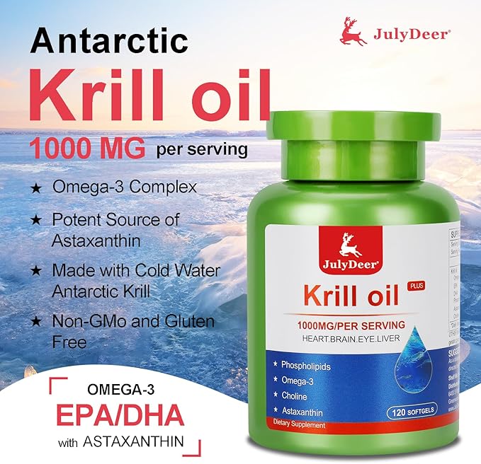 Krill Oil 1000 mg 240 Softgels with Omega-3s EPA, DHA, Astaxanthin and Phospholipids Supplement, Antarctic Krill No Fishy Aftertaste for Joint, Heart, Brain and Immunity - 2 Bottles