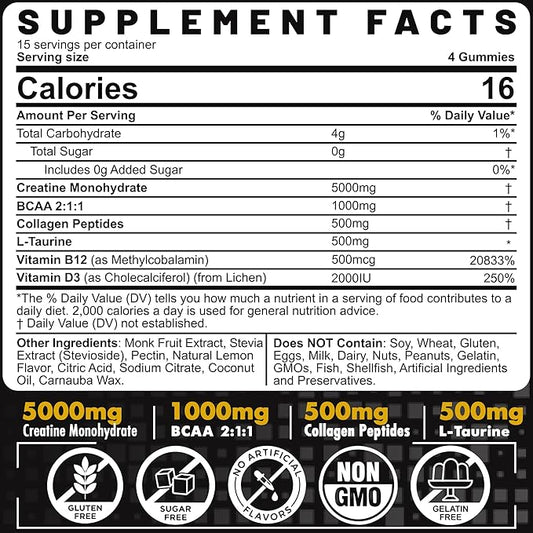 Creatine Monohydrate Gummies for Men & Women - with BCAA, Collagen Peptides, L-Taurine, Vitamin B12, D3, Creatine Monohydrate 5000mg (5g) Per Serving, Lemon Flavor, Sugar Free, 1 Pack