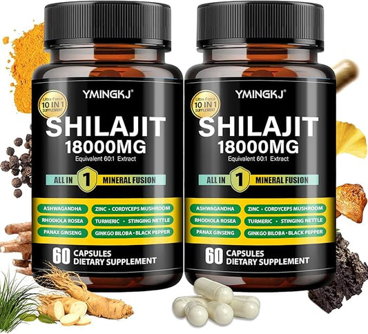 Shilajit Capsules 18000mg with Ashwagandha, Rhodiola Rosea, Panax Ginseng, Cordyceps, Turmeric, Ginkgo, Fulvic Acid Trace Minerals Supplement for Men & Women 60 Count Non-GMO Gluten-Free 2pack