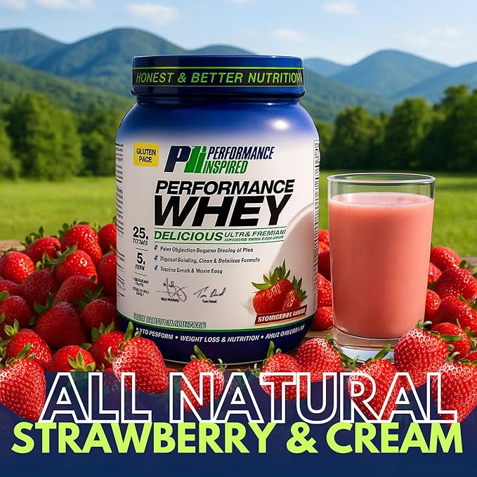 Performance Inspired Nutrition WHEY Protein Powder - All Natural - 25G - Contains BCAAs - Digestive Enzymes - Fiber Packed - Strawberries & Cream - 2lb
