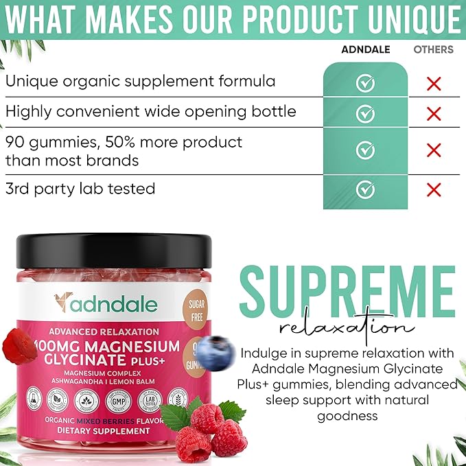 Adndale 180 CT Magnesium Glycinate Gummies 400 mg/Serv, with Ashwagandha, Magnesium Malate & Taurate, Sugar Free Chews for Adults & Kids Relaxation, Stress Relief, Night Rest, Muscle & Cardio Support