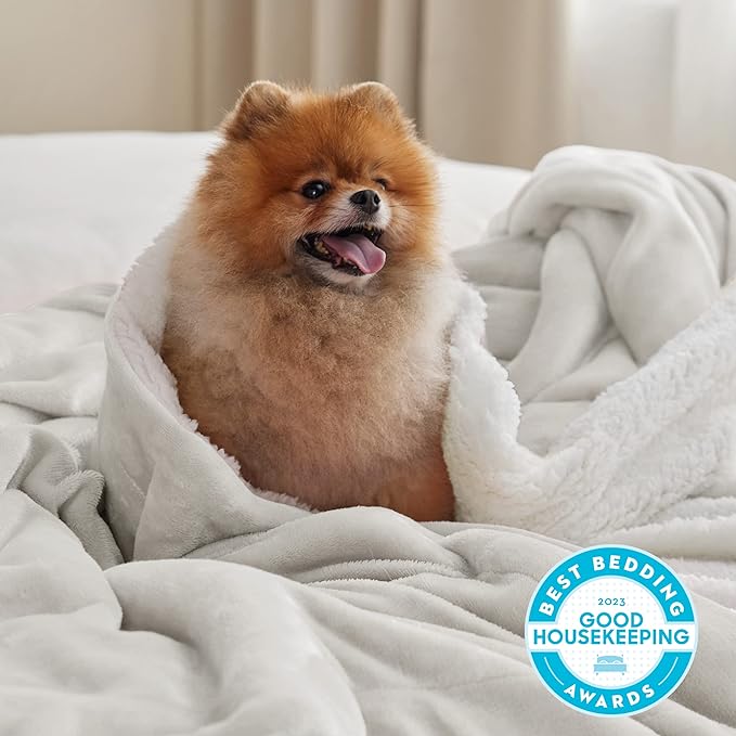 Bedsure GentleSoft Sherpa Fleece Blankets Queen Size for Bed - Thick and Warm, Soft Fuzzy Plush Queen Blanket for Winter, Linen, 90x90 Inches