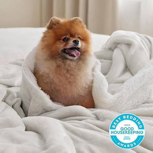 Bedsure GentleSoft Sherpa Fleece Blankets Queen Size for Bed - Thick and Warm, Soft Fuzzy Plush Queen Blanket for Winter, Linen, 90x90 Inches