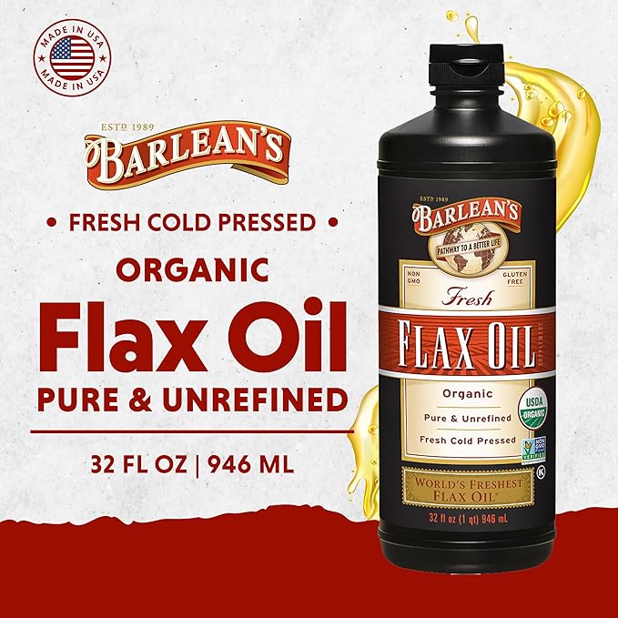 Barlean's Organic Flaxseed Oil Liquid, Cold Press Flax Seeds, 7,640mg ALA Omega 3 Fatty Acid Supplement for Joint and Heart Health & Healthy Digestion, 32 oz