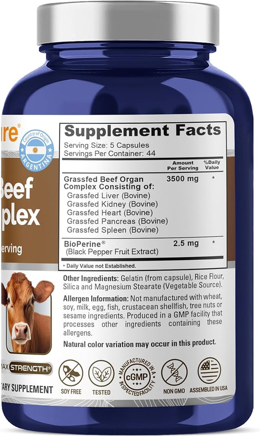 NusaPure Grass Fed Beef Organ Complex | 220 Capsules | Pasture Raised | with Desiccated Liver, Kidney, Pancreas, Heart, Spleen | Soyfree Non-GMO, Bioperine