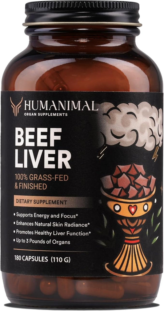Humanimal Beef Liver Supplement | Nutrient-Dense Beef Liver Capsules | 100% Grass-Fed & Finished, Freeze-Dried | Boosts Energy Levels, Focus, Skin Health & Liver Function | Non-GMO, 180 Capsules