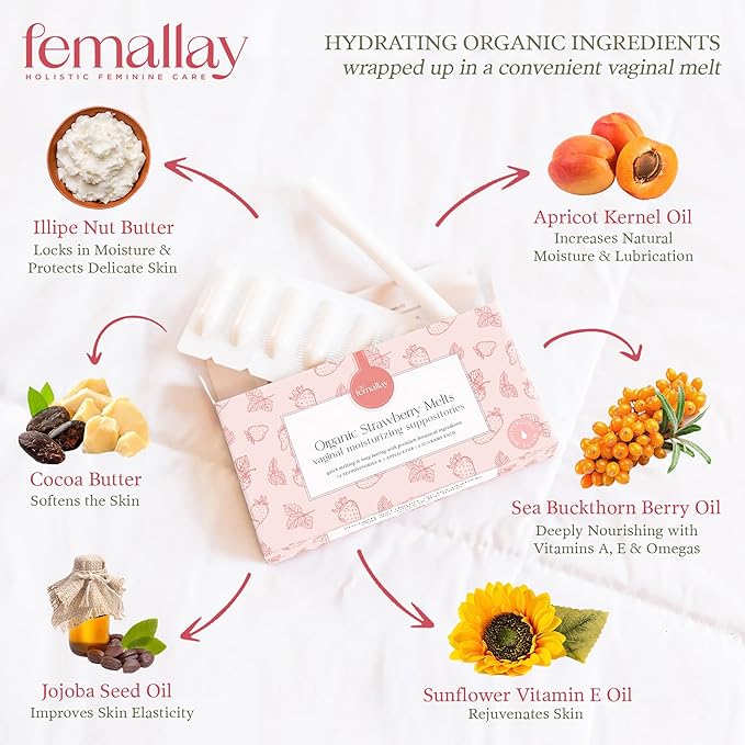 Femallay Organic Vaginal Moisturizing Suppository Melts - 100% Natural Suppositories for Vaginal Odor and Dryness Relief, Ultra-Hydrating Fast-Acting Comfort (Strawberry- 2 Pack)