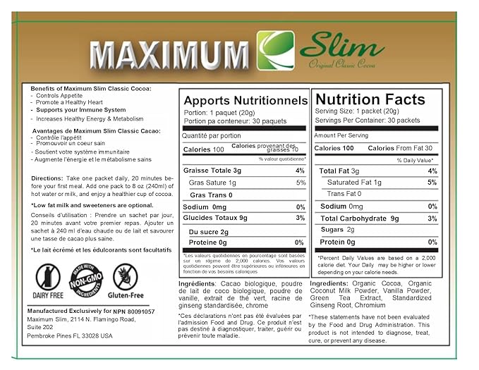 Maximum Slim Premium Instant Cocoa – Creamy, Delicious 4-in-1 Formula with Natural Herbal Extracts for Energy & Vitality, Maximum Satisfaction & Taste. No Side Effects (Laxative-Free) –USA Made, 30 Ct