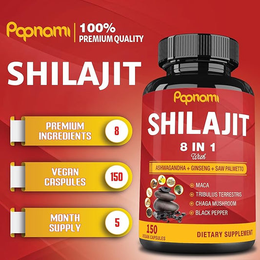 Shilajit Himalayan Supplement for Men & Women - 150 Capsules Combined Ashwagandha, Ginseng, Saw Palmetto, Maca, Tribulus, Chaga & Black Pepper - Vitality Energy and Immune Supports