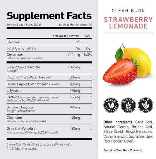 Kaged Clean Burn Powder | Strawberry Lemonade | Thermogenic Weight Management | Boost Metabolism | Organic Caffeine, Apple Cider Vinegar | Supplements for Men & Women | 30 Servings