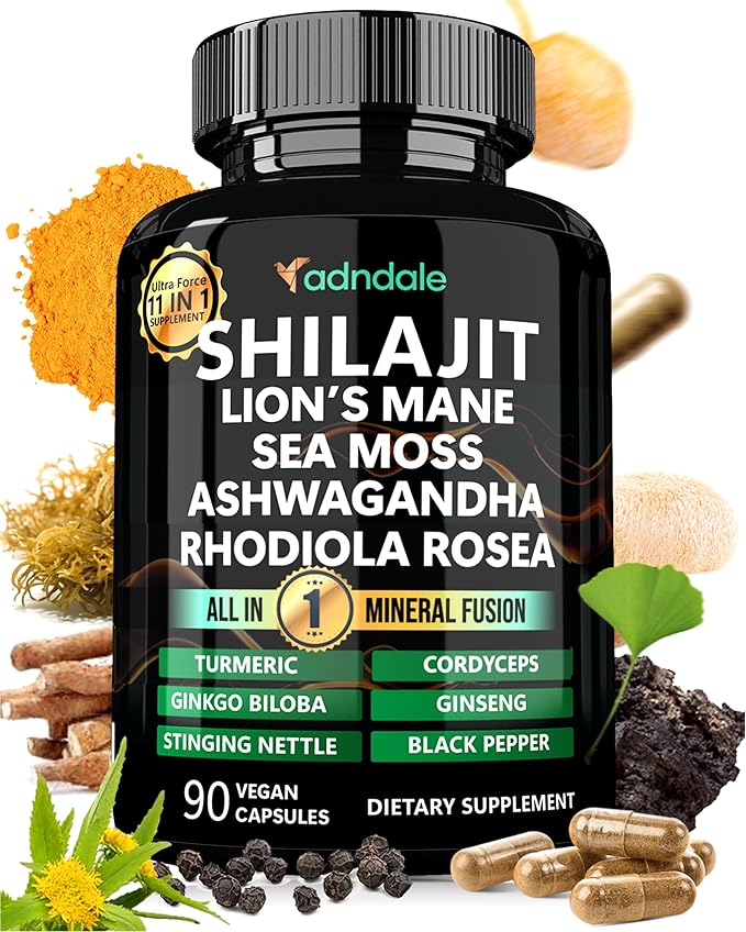 Adndale Shilajit Ultra Force 11-in-1. Pure Himalayan Organic Shilajit for Men and Women Capsules with Sea Moss Ashwagandha Rhodiola Rosea Lion’s Mane. 90 Count
