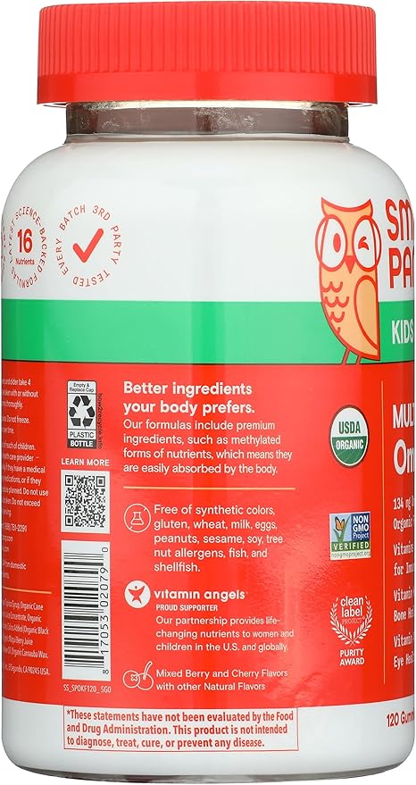 SmartyPants Organic Kids Multivitamin Gummies: Probiotics, Omega 3 (ALA), Vitamin D3, C, Vitamin B12, B6, A, K & Zinc for Immune Support, Biotin, Three Fruit Flavors, 120 Count (30 Day Supply)