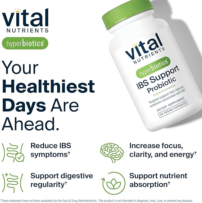 Hyperbiotics Vital Nutrients IBS Probiotic | Reduce Symptoms of IBS* | Clinically Studied Vegan probiotic for IBS Relief from Bloating, Gas, Diarrhea, & Abdominal Discomfort* | 30 Capsules