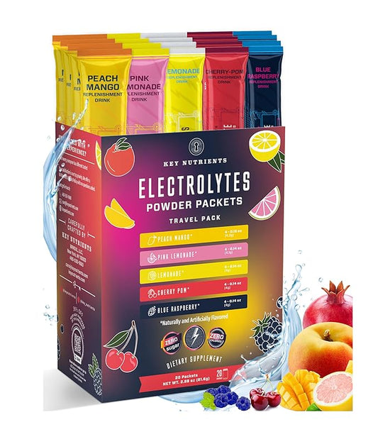 KEY NUTRIENTS Electrolytes Powder Packets 20 Pack - No Sugar, 5 Delicious Flavors, Hydration Packets with Electrolyte Powder for Refreshing Electrolyte Drink Mix Packets - Zero Calories