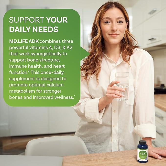 MD Life ADK Vitamin Supplement With Vitamin D3, K2 & A - 60 Capsules - Supports Bone & Heart Health - High Potency ADK Complex