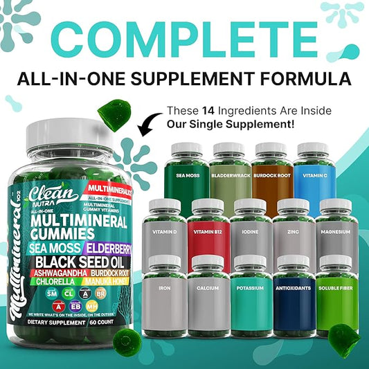 Sea Moss Gummies | Clinically Tested - Black Seed Oil Ashwagandha Elderberry Burdock Root Chlorella Manuka Honey - Vegan Irish Sea Moss Gummy Vitamins for Adults Kids Men Women - Green Apple Flavor