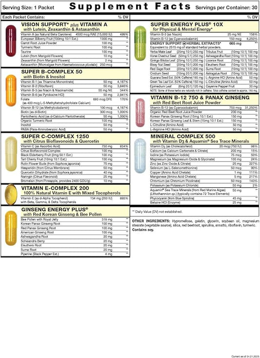 Daily Start Complete Daily Vitamin Pack | 10X Energy & Stamina Booster | Vitamin A, B, C, D, E, B12, Minerals, Ashwagandha, Panax Ginseng, Yerba Mate, Green Tea (30 Packets)