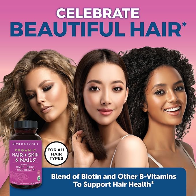 Hair Skin Nails Vitamins for Women - Vegetarian-Friendly Organic Vitamins for Hair Skin and Nail Health Support with Vitamin E & Biotin 5000 mcg to Help Produce Keratin - 120 Tablets