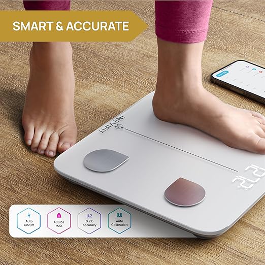 INEVIFIT Smart Body Fat Scale, Highly Accurate Bluetooth Digital Bathroom Body Composition Analyzer, Measures Weight, Body Fat, Water, Muscle, Visceral Fat & Bone Mass for Unlimited Users (White)