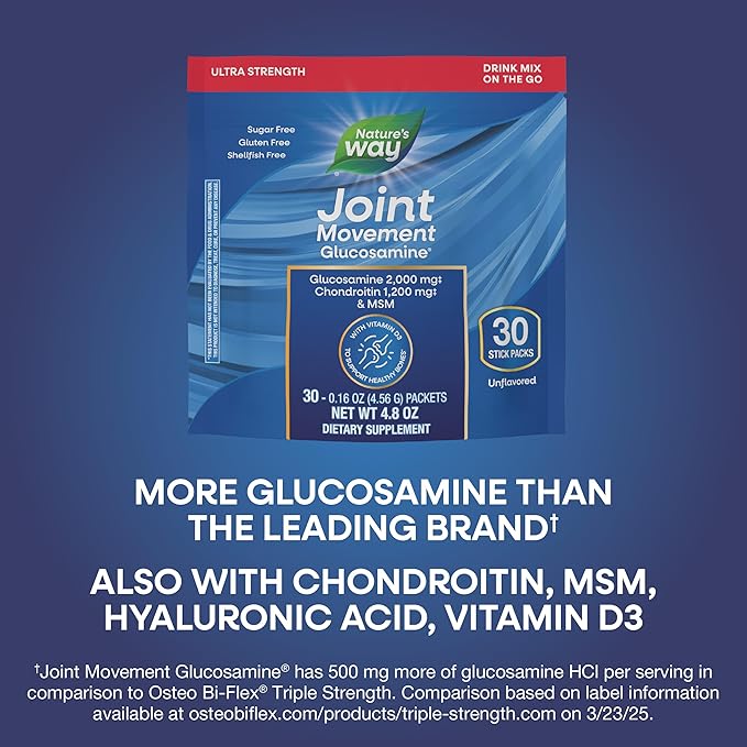 Nature’s Way Joint Movement Glucosamine Drink Mix, Ultra Strength Glucosamine, MSM, Hyaluronic Acid, Vitamin D3, Supports Bones, Muscles, Cartilage*, No Sugar, No Shellfish, 30 Unflavored Packets