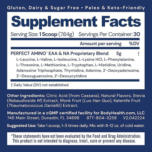 BodyHealth PerfectAmino Powder - BCAA and EAA Powder for Pre and Post Workout - Amino Acid Energy Drink for Men and Women to Support Lean Muscle and Recovery - Lemon Lime - 30 Servings