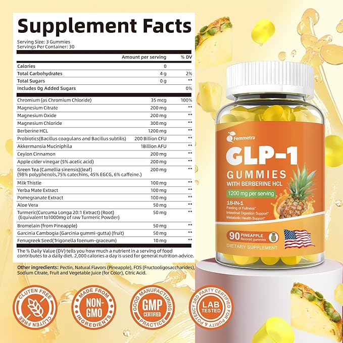 GLP-1 Support Gummies – Supports GLP-1 & AMPK Activation with Berberine HCl, Akkermansia, Probiotics, Magnesium, Turmeric & Milk Thistle – Digestive, Gut, Energy & Metabolic Health – 30 Days