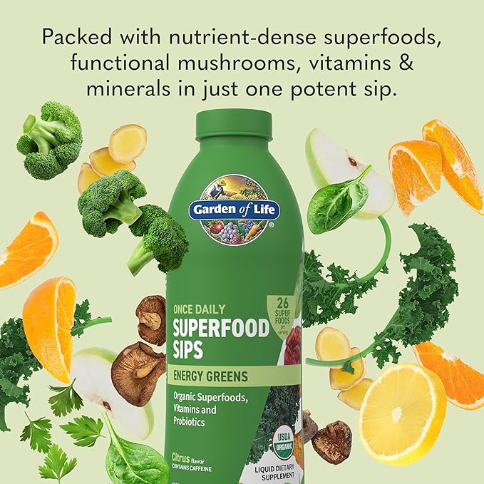Garden of Life Superfoods Sips, 30 Servings, Vitamins, Probiotics, 26 Organic Superfoods, Functional Mushrooms, Energy Greens, Once Daily, Organic, Vegan, Preservative-Free, Citrus Flavor